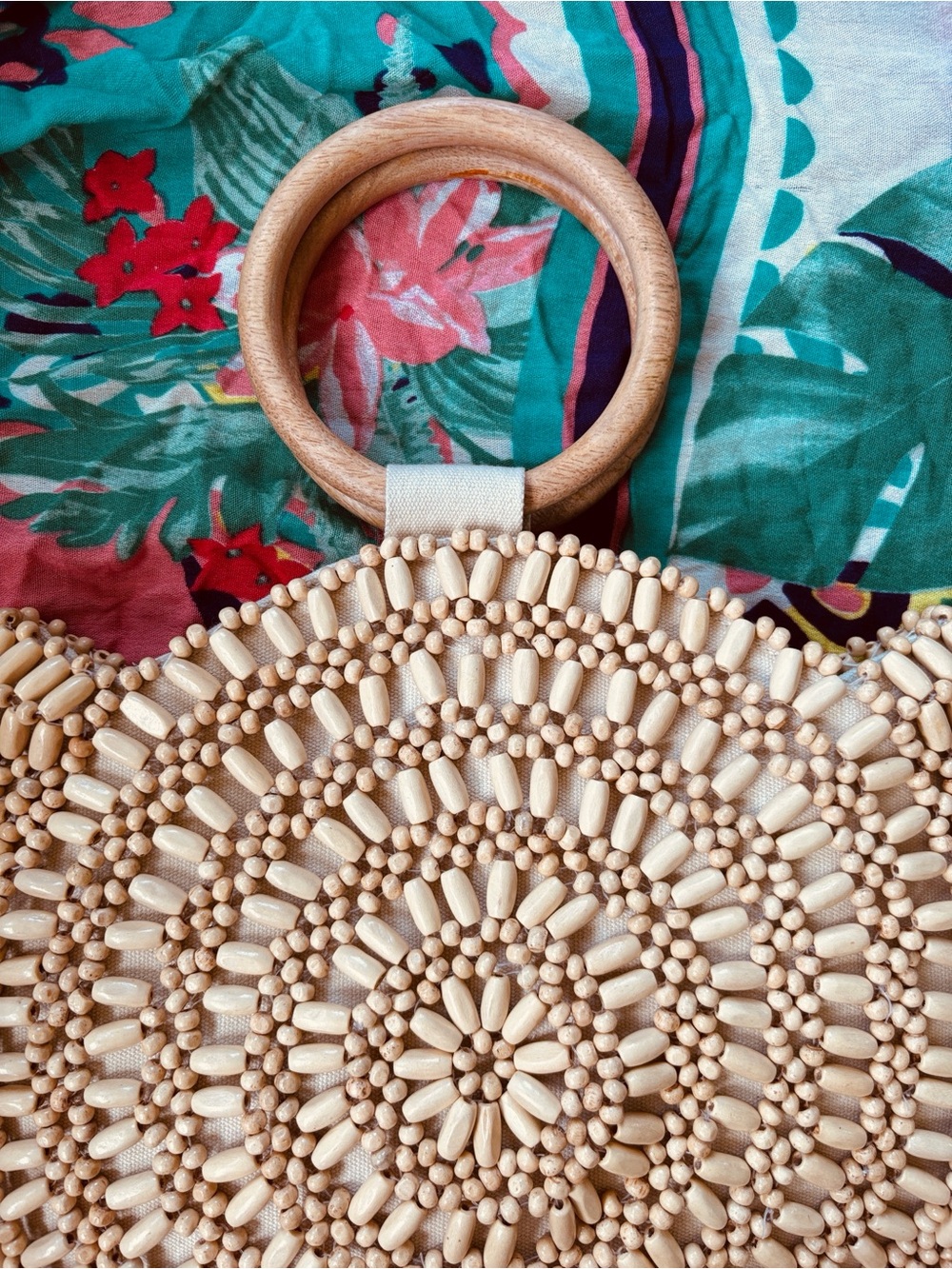 Handmade Natural Wooden Beaded Round Handbag Snap Close Cotton Lined Tote Purse - Picture 9 of 15